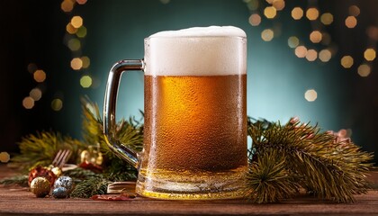 A Mug Of Beer Is Sitting On A Table With Pine Needles And Twigs