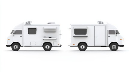 White food truck on white background shows the delivery service for quick meals and snacks in urban areas during daytime hours for customers on the move