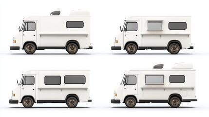 Set of white food trucks on white background representing fast food and delivery services in a modern and simple design