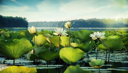 Green Leaved Lotus Flowers Growing In A Lake