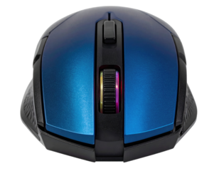 Overhead shot of a modern, ergonomic wireless computer mouse with a gradient blue surface
