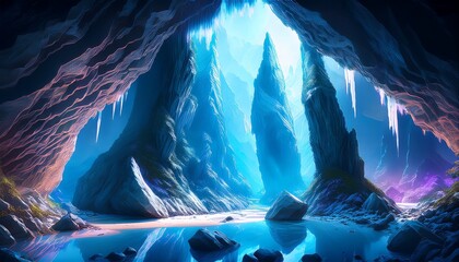 A Breathtaking Immersive Full Bleed Anime Illustration Rendered In A Striking 16 9 Horizontal Landscape Format The Scene Plunges The Viewer Deep Into A Colossal Crystal Cavern Where Vast Geologic