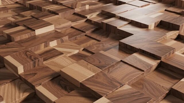 Slow three-dimensional isometric geometric pattern composed of hardwood tiles pulsating rhythmically creating an infinite complex abstract backdrop isometric, design, movement