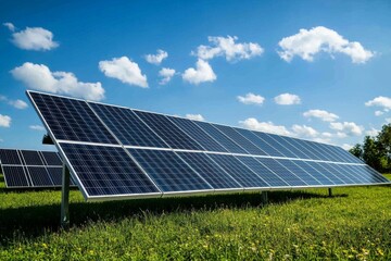 Single modern solar panel on green field under blue sky during daylight with clear reflections showcasing eco friendly energy concept