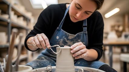 A craftswoman meticulously shaping and refining a ceramic piece with focused attention