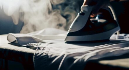 A close-up shot shows an iron releasing steam as it glides over a white shirt on an ironing board, removing wrinkles. This domestic scene highlights the everyday task of laundry and garment care.