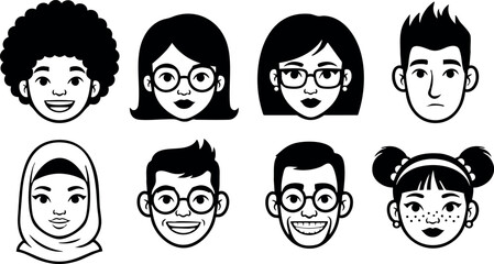 Diverse multicultural people avatars icons set with glasses and hairstyles vector illustration 