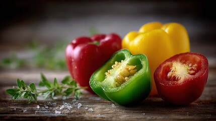   A collection of red, yellow, and green bell peppers arranged on a wooden table surrounded by lush greenery