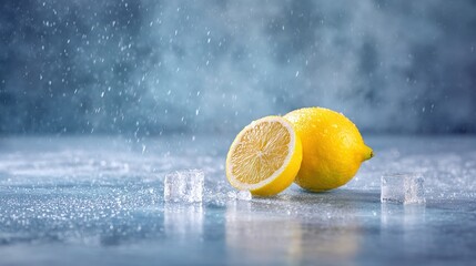   A few lemons are positioned on a table alongside ice cubes and water droplets