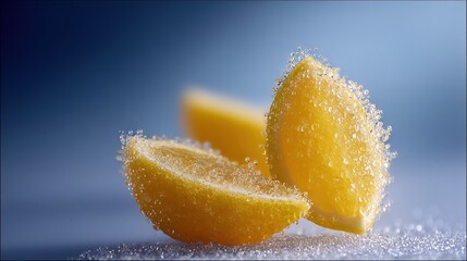 A macro shot of two lemons cut in half, showing water beads on the outer surface of each slice against a blue backdrop
