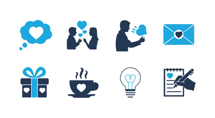 Romantic Love Icons Set with Heart Symbols, Couple Silhouettes and Valentine Elements