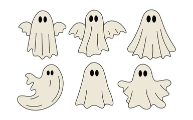 Cute Halloween Ghost Icons Set &ndash; Spooky Cartoon Ghost Characters Vector