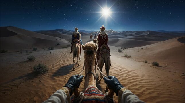 Wise man riding a camel through the desert (first-person view)