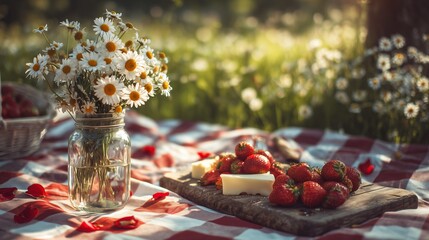 Picnic on grass with strawberries, cheese, flowers, and a sunny afternoon scene in a garden setting