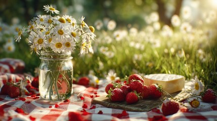 Fresh flowers and strawberries are arranged on a picnic blanket in a sunny field with daisies during the afternoon