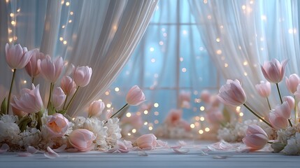  Pink tulips and white carnations gracefully arranged, illuminated by sunlight through white curtains