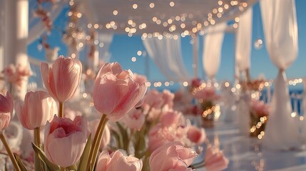   A bouquet of pink tulips sits atop a white table, illuminated by overhead lights