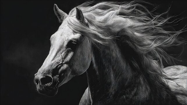  B&W photo of horse's head w/long hair blowing on black bkg