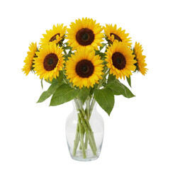 Obraz premium Single bright yellow sunflower in a decorative vase, bringing warmth and sunshine to any room. Perfect for interior design and summer concepts.