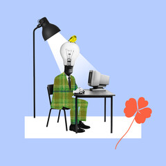Surreal collage of an office worker with a light bulb for a head, sitting at a desk with an old computer. The scene represents inspiration, innovation and moments of clarity in the workplace.
