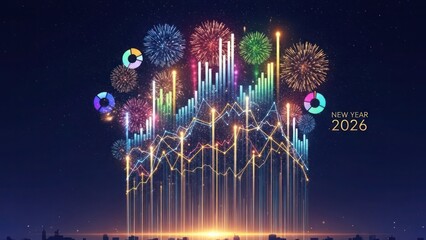 New Year 2026 cityscape with fireworks and financial charts