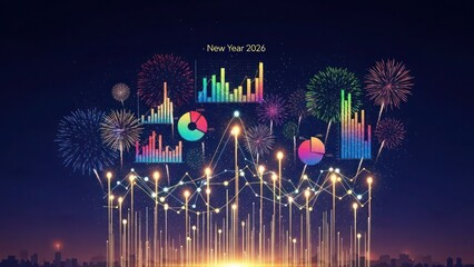 New Year 2026 data charts and fireworks over city skyline