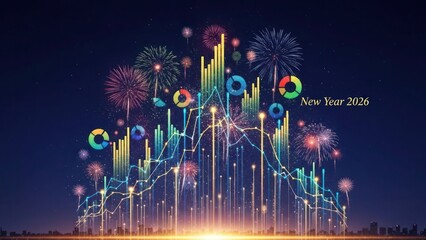 New Year 2026 financial data graph with fireworks financial chart
