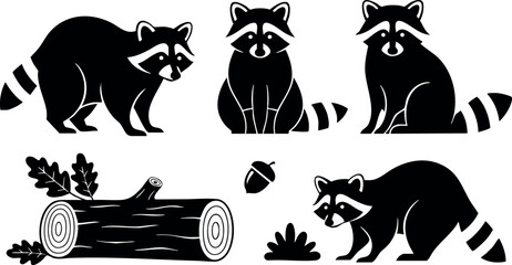 Raccoons with log acorn and leaves black silhouette vector illustration  © PixelPaletteArt