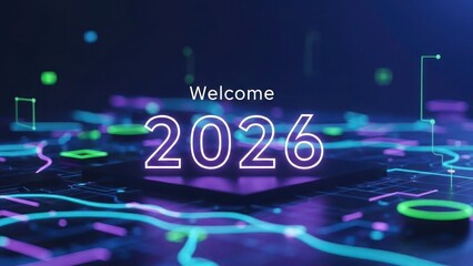Welcome 2026 neon numbers on digital circuit board