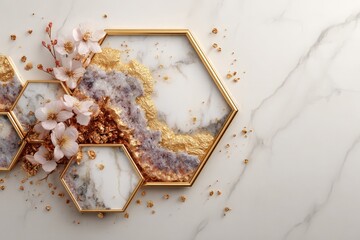 Gold geometric hexagon frame, with marble and stone textures for modern decor, artistic rendering of high-quality mirostock patterns