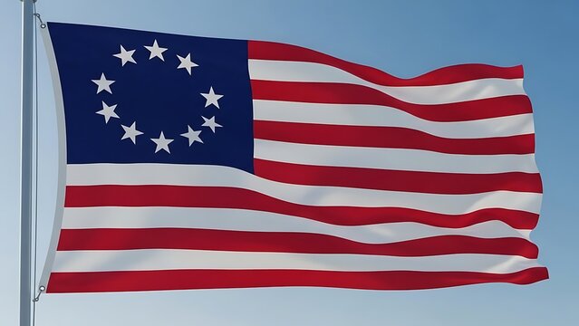 Historic betsy ross flag with thirteen stars waving against a blue sky. 13 colonies flag for history education