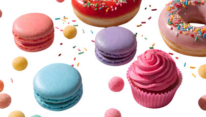 Colorful assorted sweet treats floating, isolated on white background.