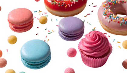 Colorful assorted sweet treats floating, isolated on white background.