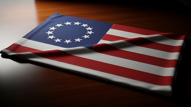 The historic betsy ross flag with thirteen stars arranged in a circle, folded on a dark wooden surface. 13 colonies flag for history education