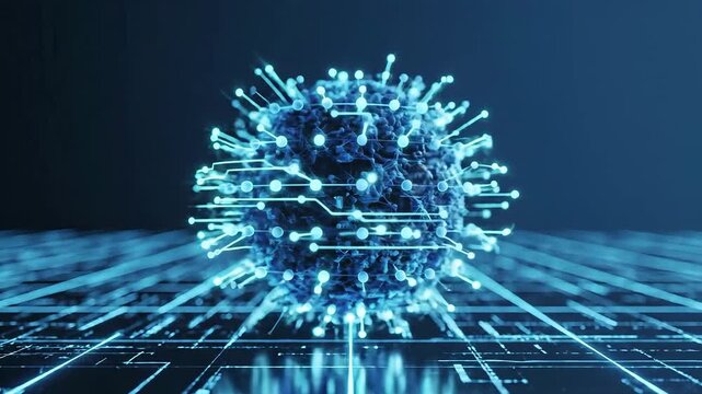 Digital virus representation with glowing blue circuits and data streams.