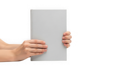 Hands holding a blank white booklet isolated on transparent background