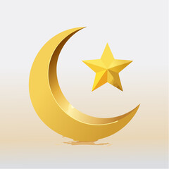 Golden crescent moon and star, symbolizing celestial beauty and Islamic culture, isolated on a soft background