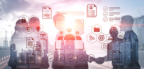 This image represents business collaboration with team members shaking hands, overlaid with digital icons, set against a modern city skyline during sunset. Gantry