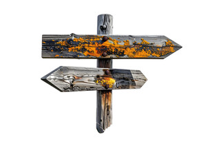 Weathered wooden directional sign with two arrows pointing in opposite directions on a black background