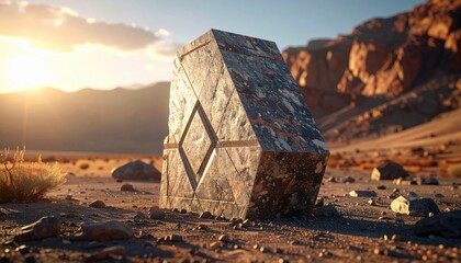 Ancient Alien Artifact Monolith Stands Mysteriously in a Rocky Desert Landscape Under a Soft Sunset Sky