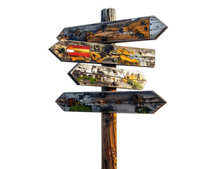 Weathered wooden directional signpost with multiple arrow-shaped signs against a black backdrop