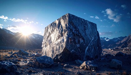 Massive, sharply angled granite cube rests in a vast, sunlit mountain landscape with clear blue skies.