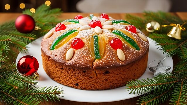 Festive fruitcake adorned with cherries, almonds, and candied peel