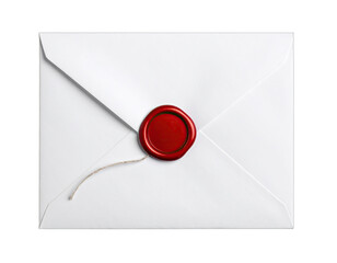 Pristine, closed white envelope sealed with a vibrant red wax seal and delicate string