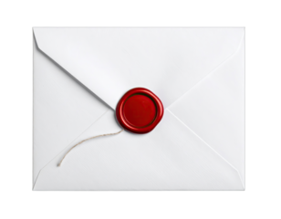 Pristine, closed white envelope sealed with a vibrant red wax seal and delicate string
