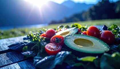 Fresh Avocado Halves and Cherry Tomatoes Scattered on Dark Leafy Greens with Sunlight and Mountains in the Background