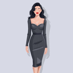 Elegant faceless fashion woman in a black bodycon dress with red lips, modern minimalist vector with soft drop shadow&mdash;ideal for posters, branding, social media, editorials, beauty ads.