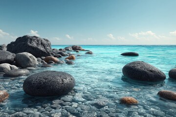 Black stones on tropical beach meet crystal clear blue water and bright sky at the ocean shoreline during a sunny day, island paradise location