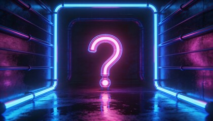 A glowing neon question mark against a dark background, symbolizing inquiry and curiosity