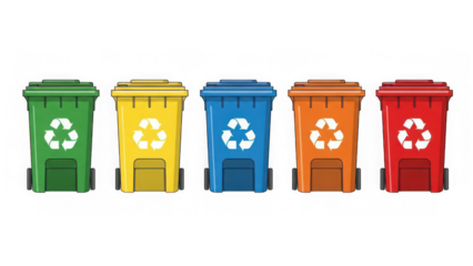 Colorful recycling bins with symbols isolated on transparent background